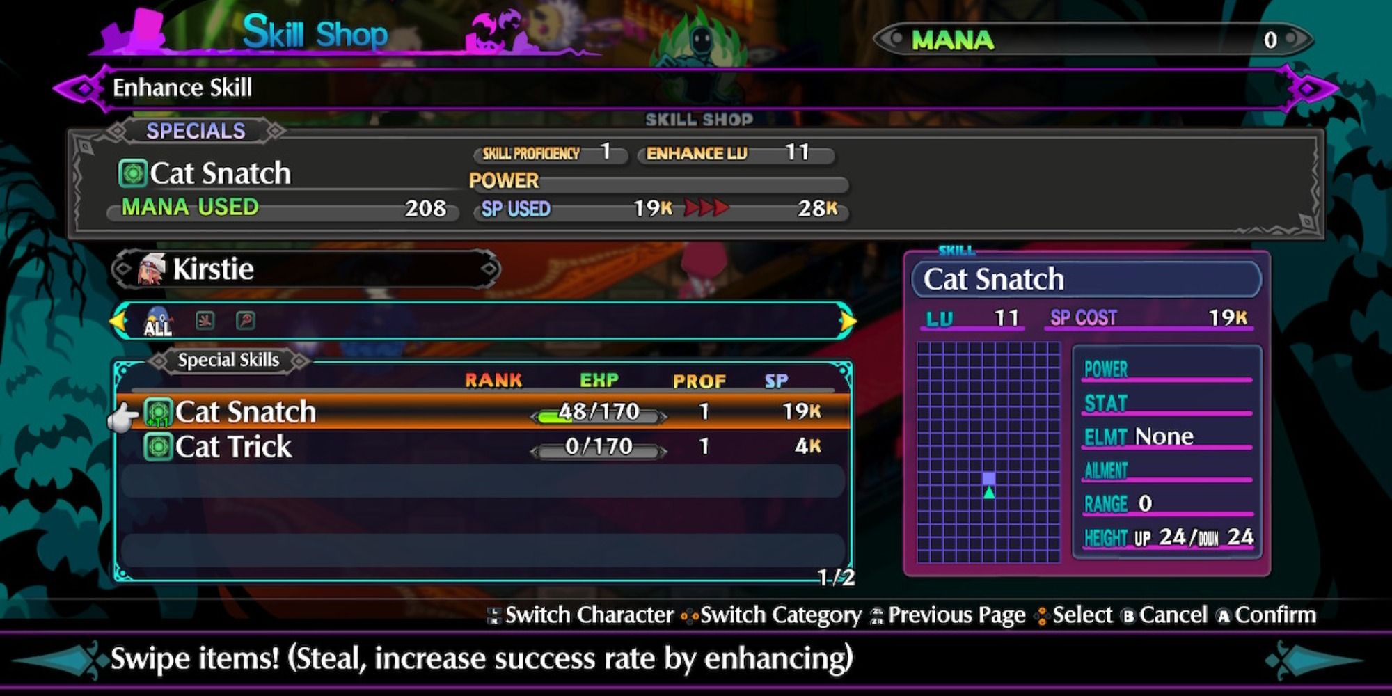 Disgaea 6 Thief Cat Snatch upgrade menu