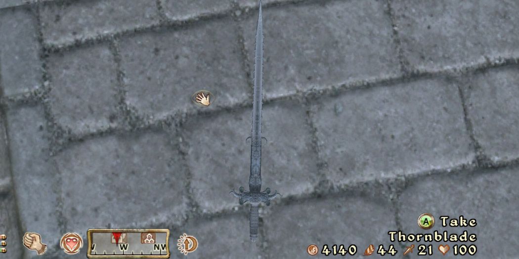 The Thornblade laying on a cobblestone street with its info in the bottom right.