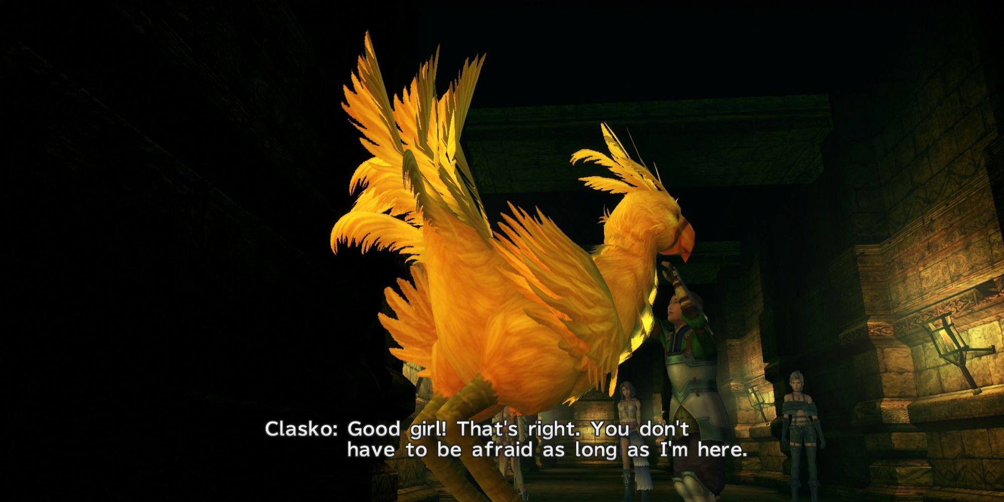 FF 10-2 Clasko pets and admires a great Chocobo