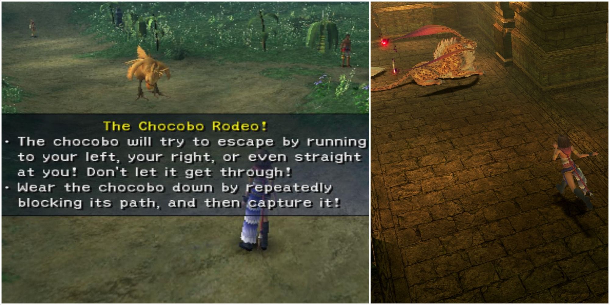 FF X-2 Chocobo mini game next to an image of fiends in the Monster Arena