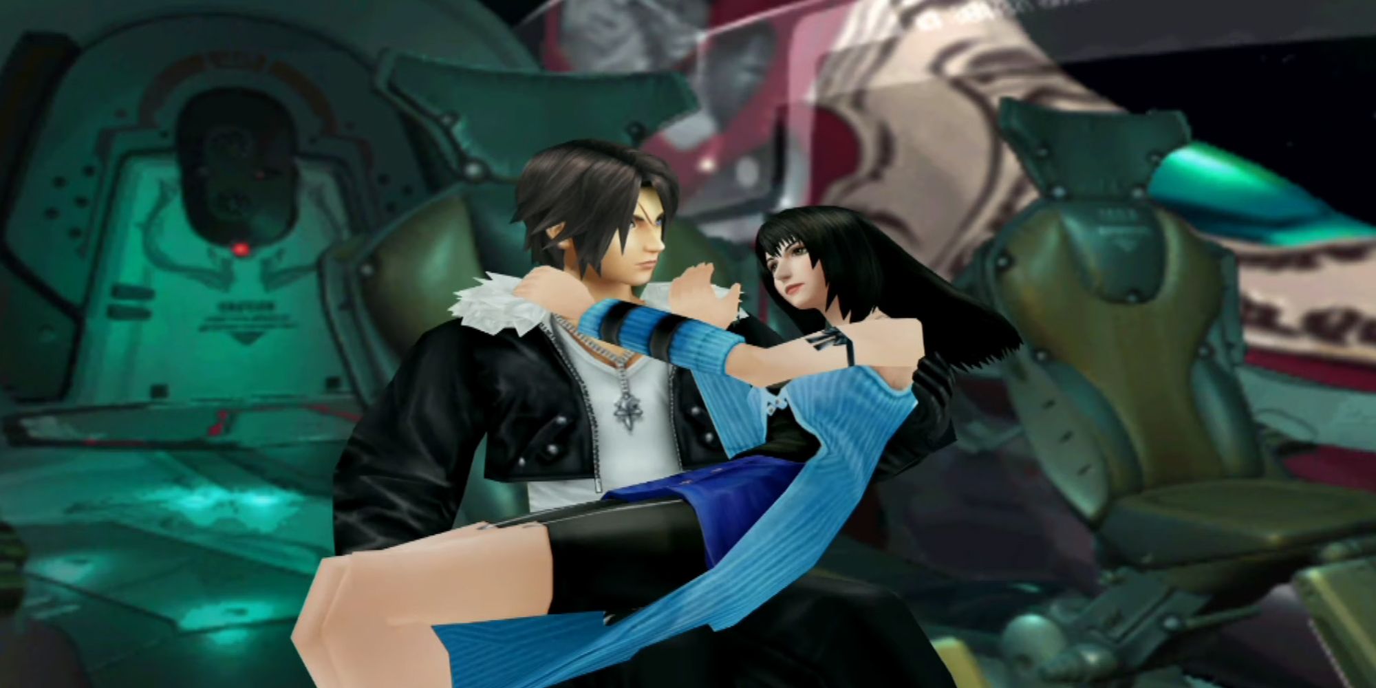 Squall holding Rinoa in space