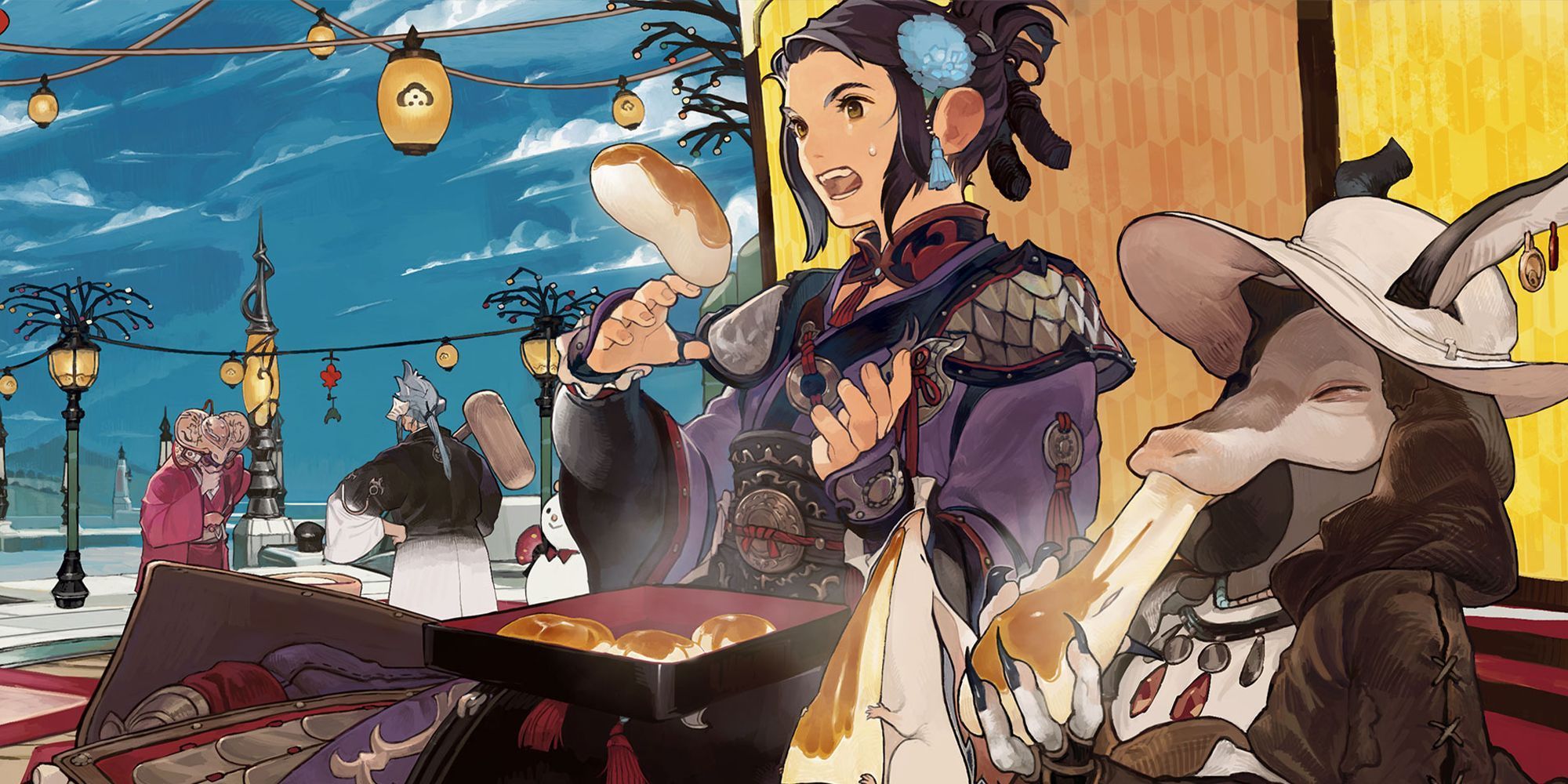 Final Fantasy 14 Heavensturn Hyun character Eating Pastry with Bangaa Character