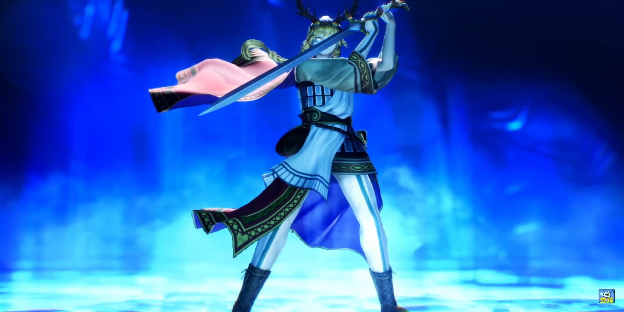 Fionn Mac Cumhaill from Shin Megami Tensei 5 against a blue background blond male with billowing cape and clothes holding sword at the ready in front of him