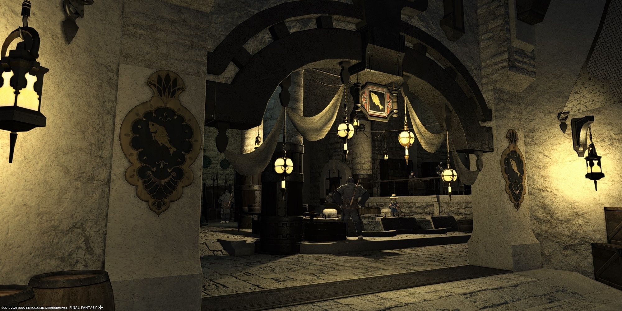 Entrance to the fisherman's guild in Limsa Lominsa with roegadyn and lalafell fishermen standing inside