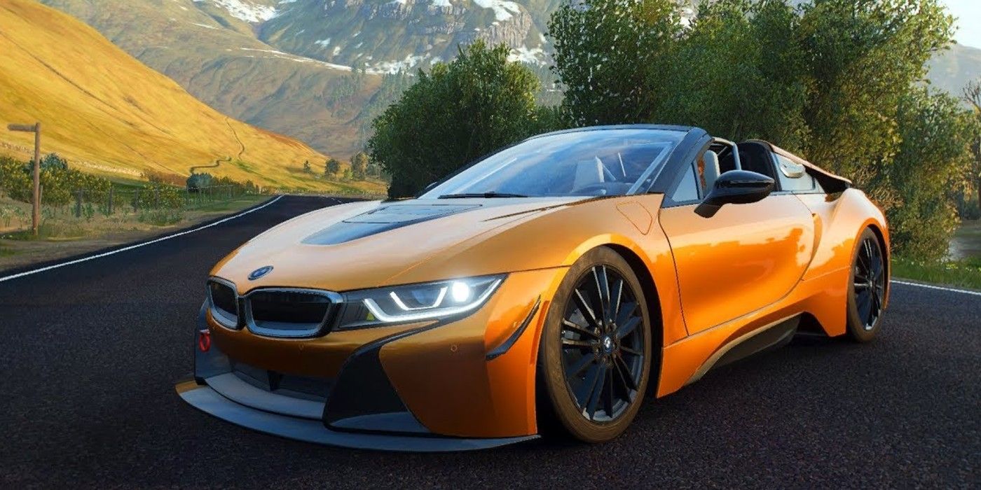 Forza Horizon 4 2018 BMW i8 Roadster rounding turn on hilly path