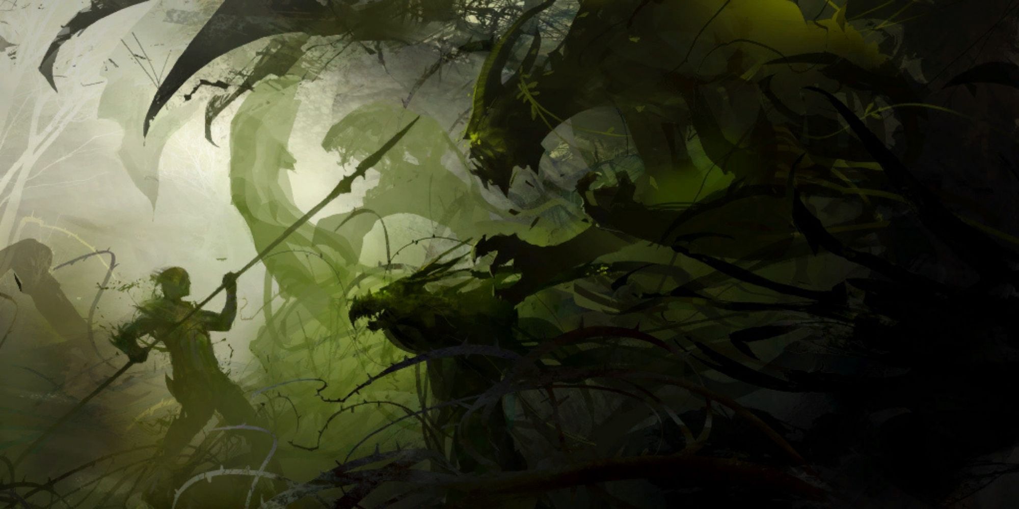 Guild Wars 2 - Promo Art of Holding Back the Darkness (a sylvari fighting off nightmare monsters)
