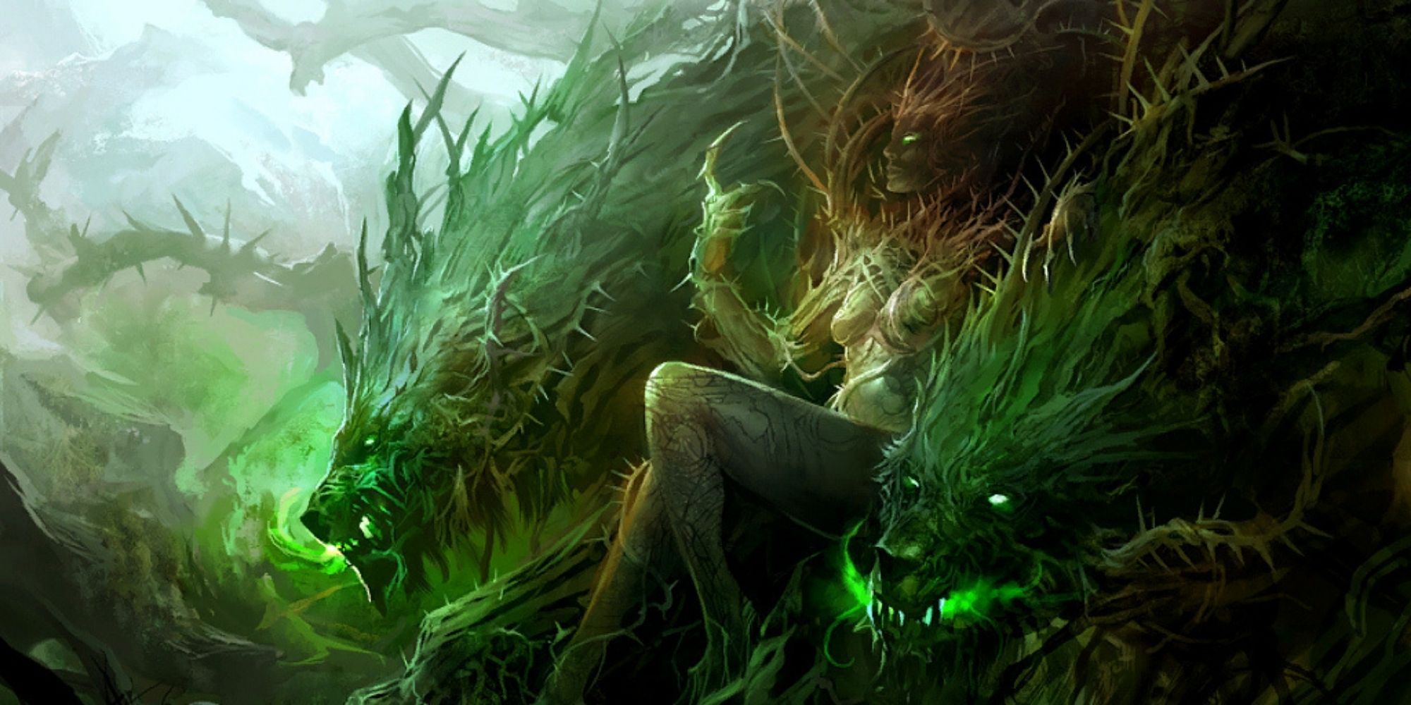 Guild Wars 2 - Twilight Arbor Loading Screen (sylvari covered in thorns leaning against a tree, standing beside two thorny wolves)