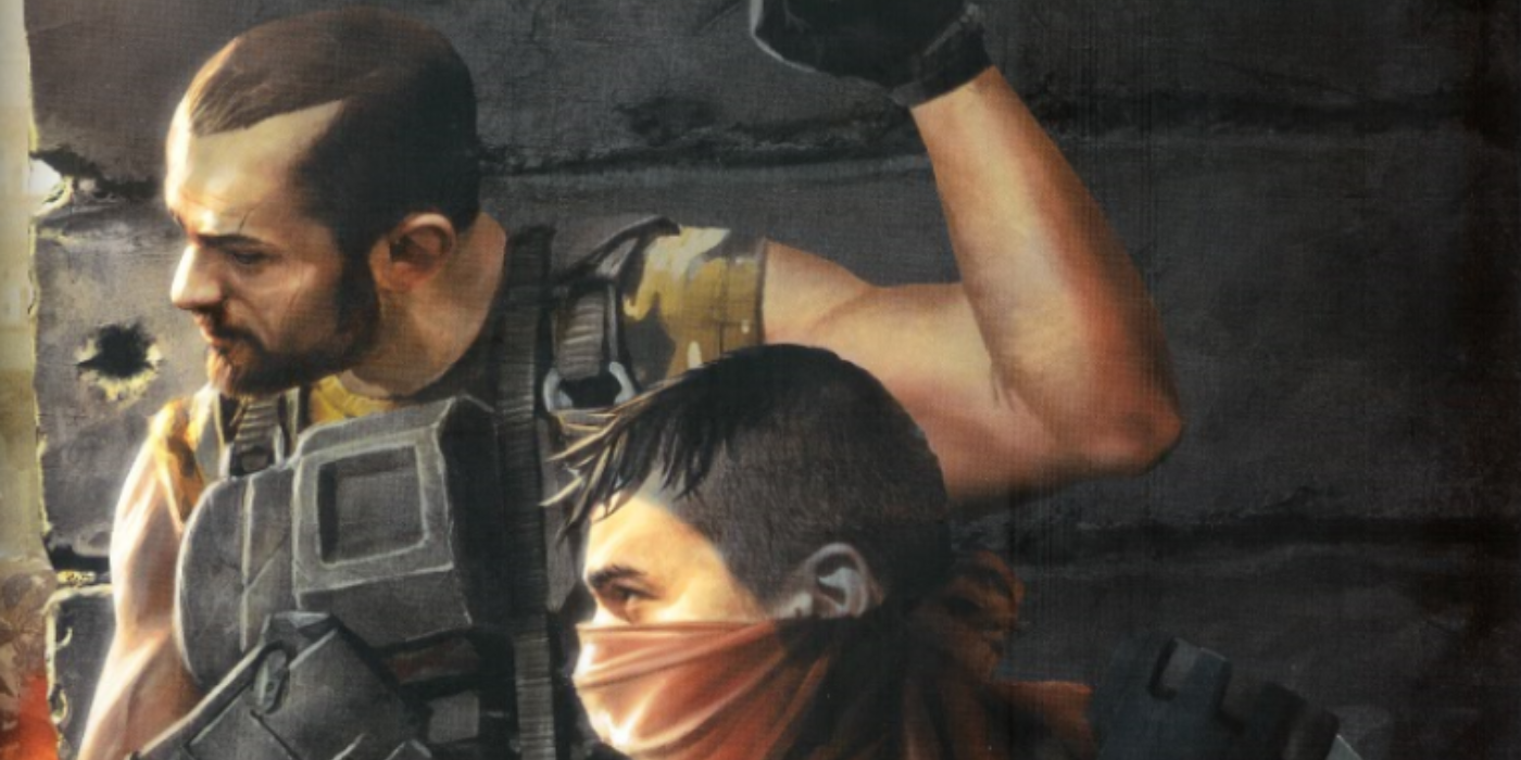 Official artwork of two insurrectionist soldiers taking cover behind a wall