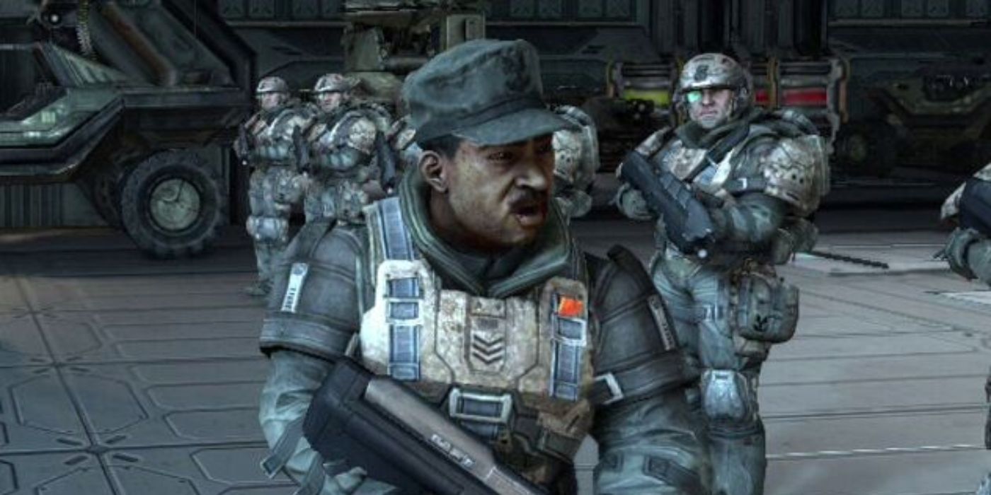 Sgt. Johnson gives his marines a pep talk in Halo 1 Anniversary's intro cutscene