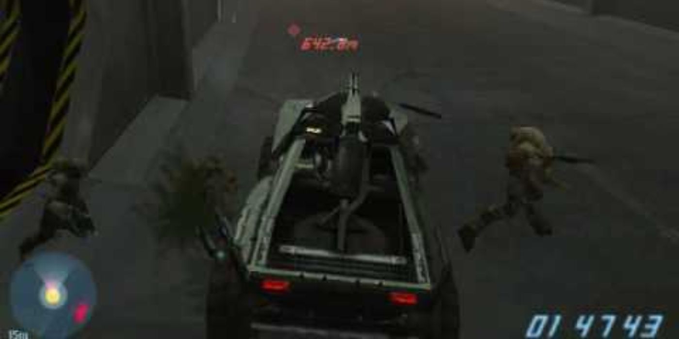 Chief drives a warthog, alone, on the Pillar of Autumn as it explodes