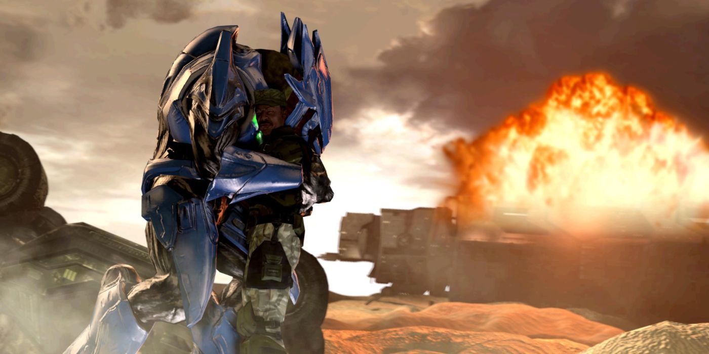 Sgt. Johnson and an elite hug it out as the Pillar of Autumn explods in the background, sealing their fate.