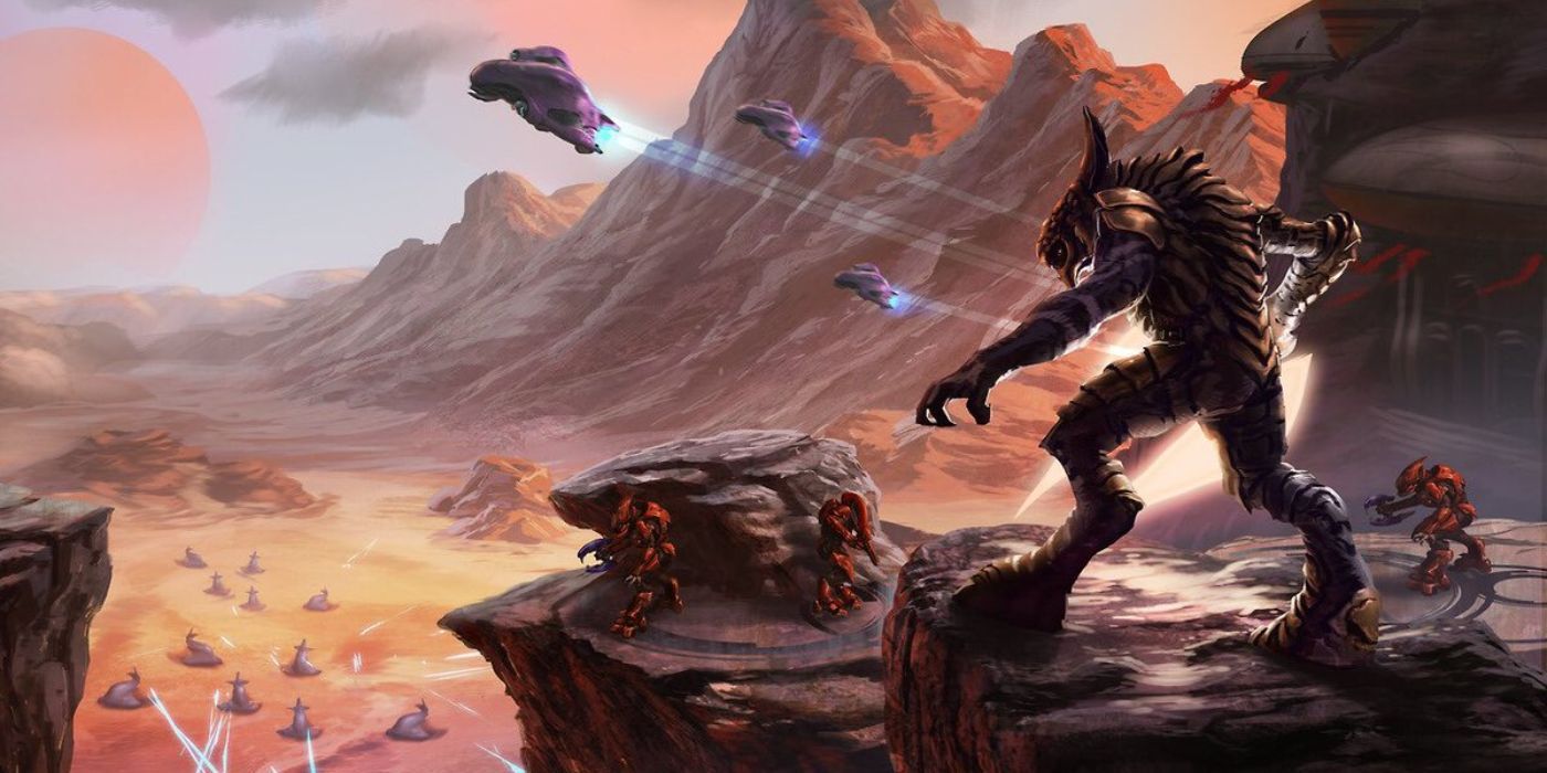 Official artwork of Arbiter leading elites into battle during the Sangheili civil war