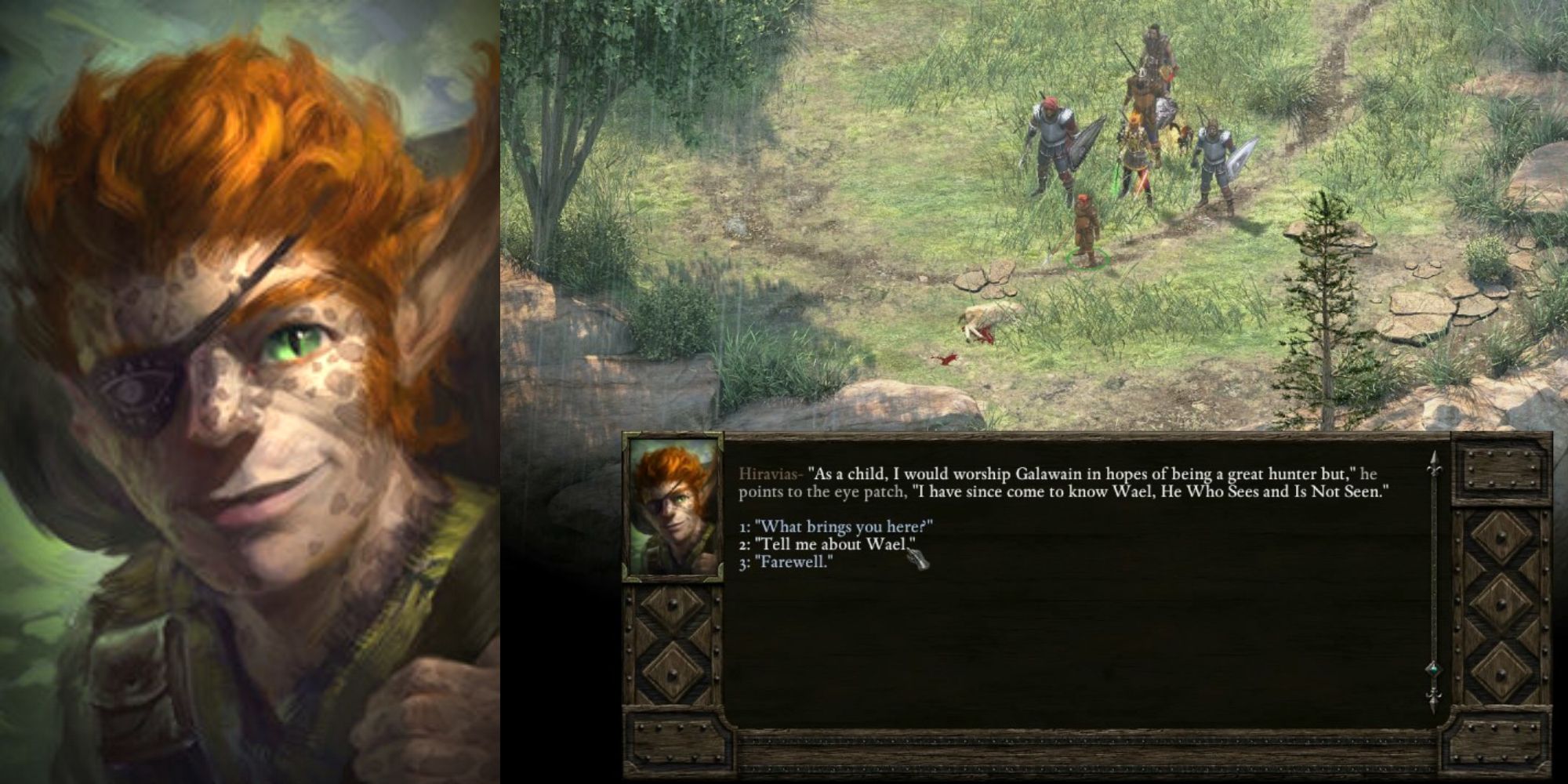 Pillars of Eternity Hiravias portrait beside gameplay showing Hiravias addressing the party.