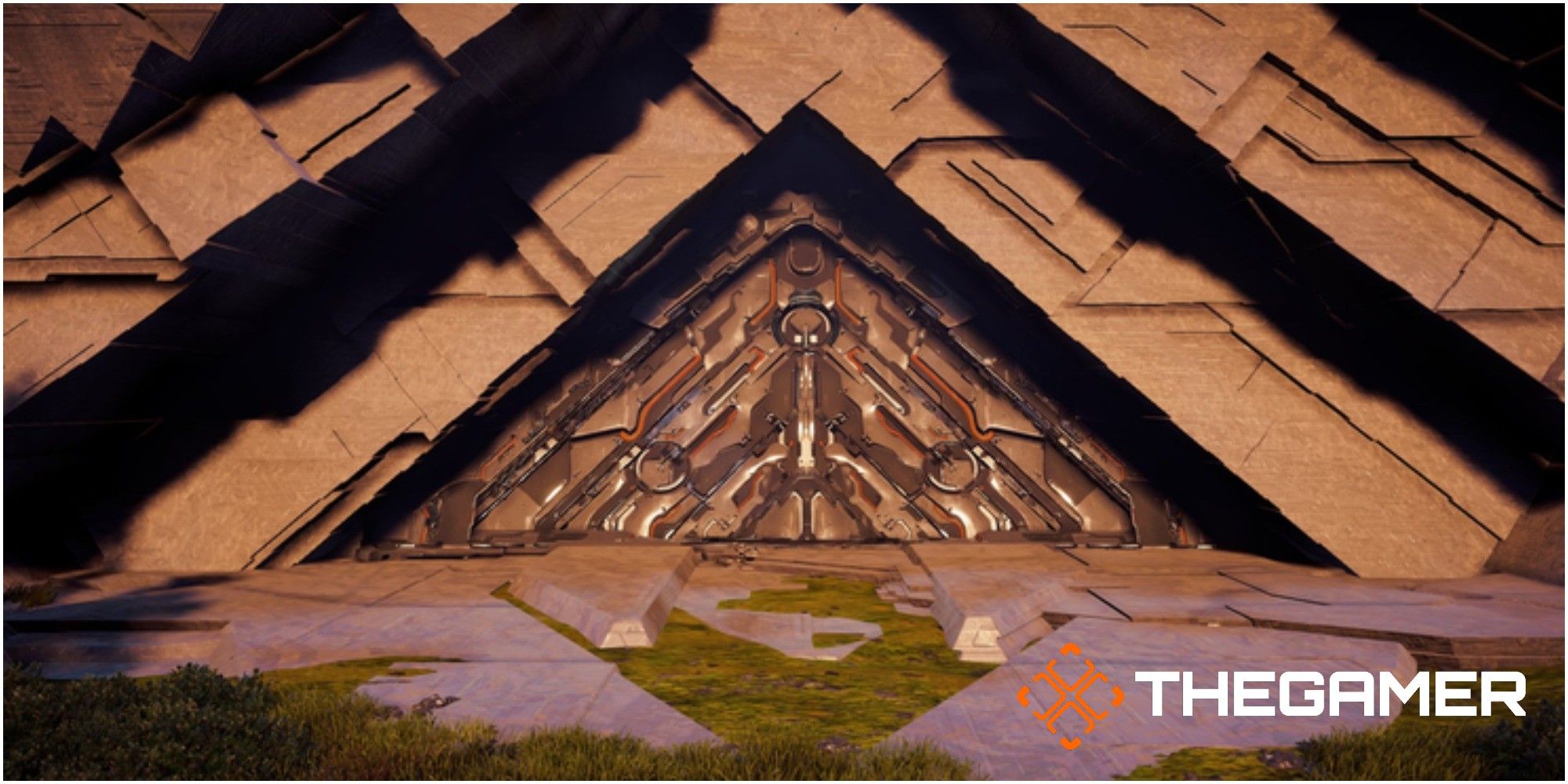 Triangular vault door with stone carvings