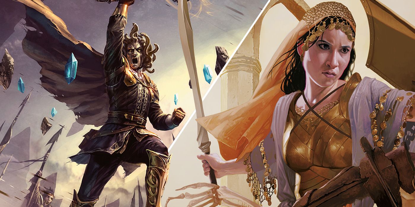 Dungeons & Dragons: Split image of a paladin holding his weapon up in the air, and a female warrior in golden armor