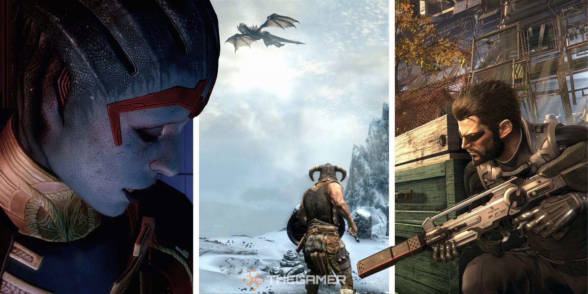 the asari from mass effect, the dragonborn from skyrim, and adam jensen from Deus Ex in an image split vertically three ways