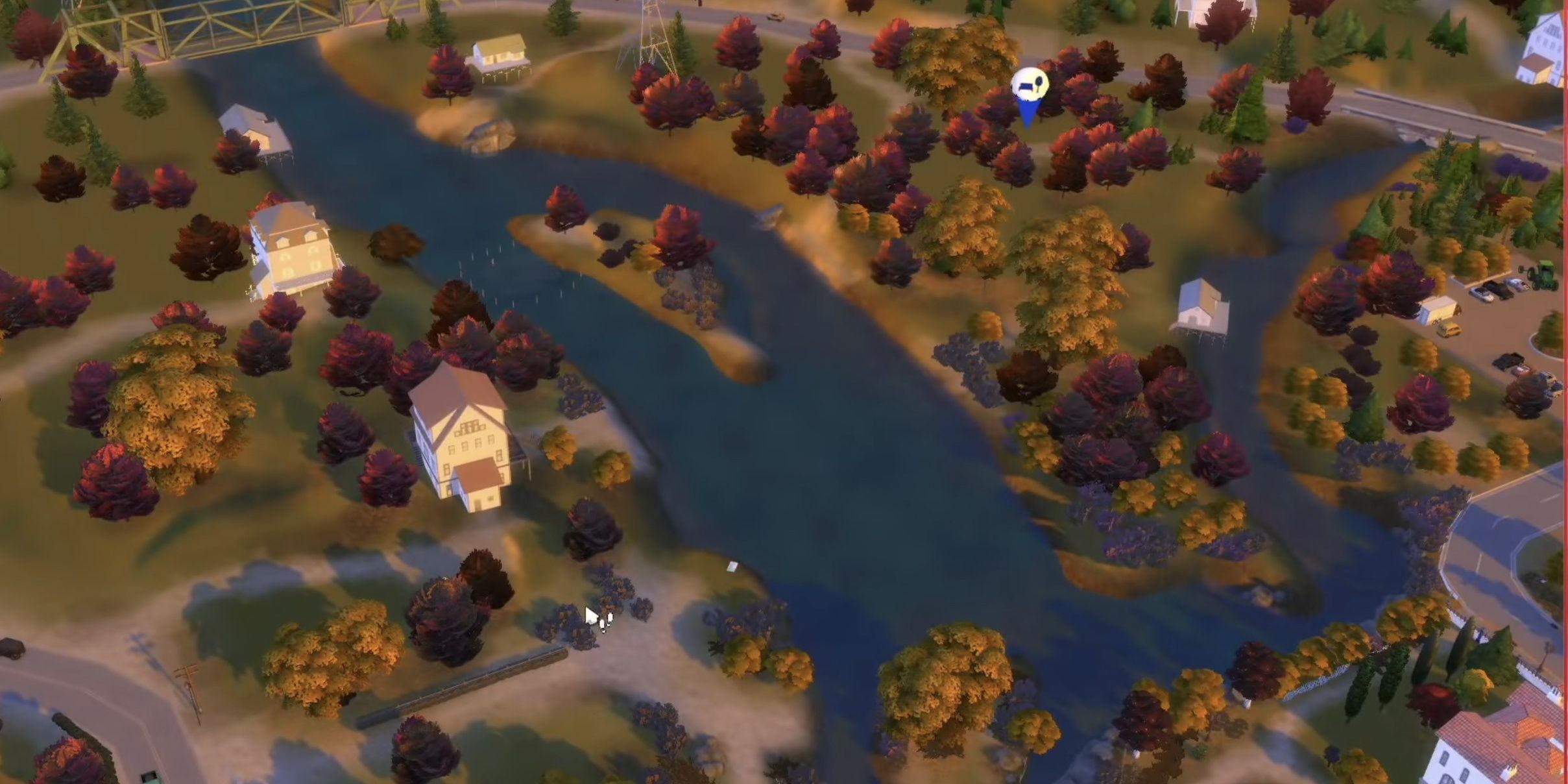 A panoramic view of the rural area of Eden Hills, from Arnie's Farmland mod (Sims 4)