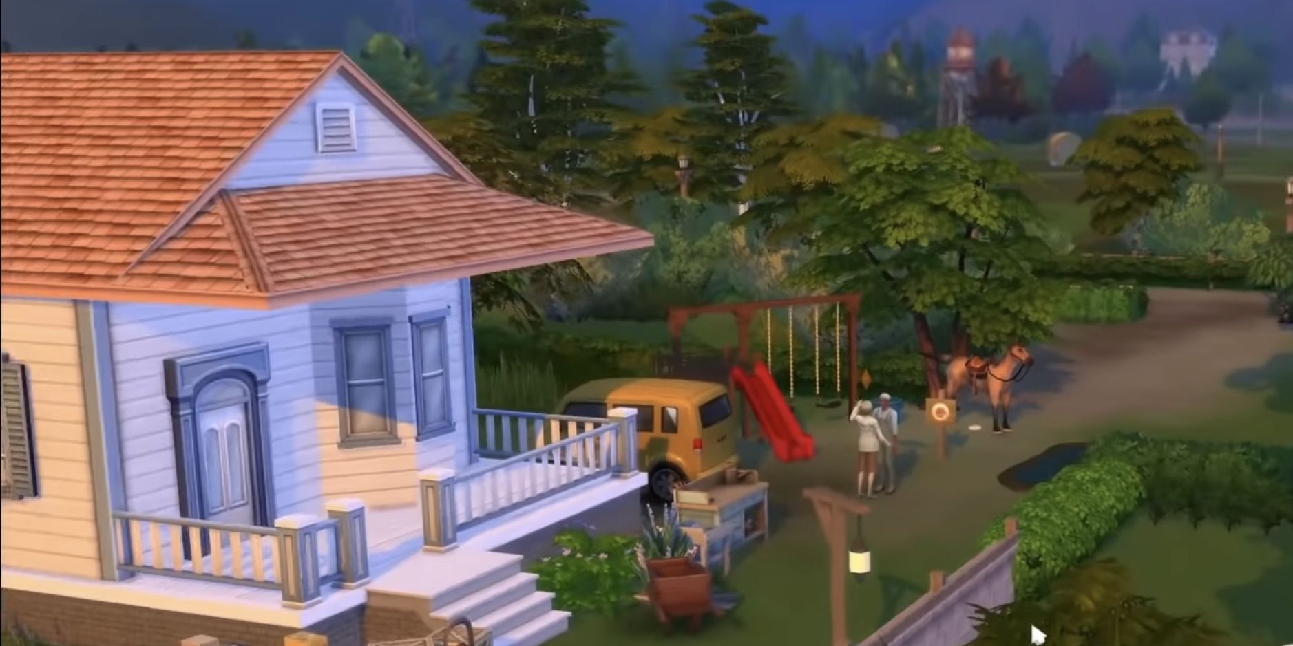 George speaking to new farmers at his house in Eden Hills (from Arnie's Farmland Mod for The Sims 4)