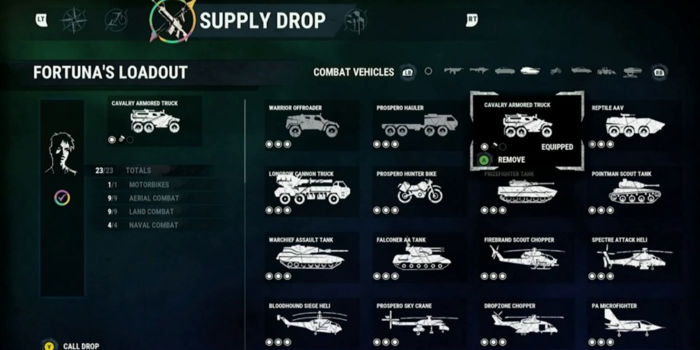 The vehicle section of the supply drop menu