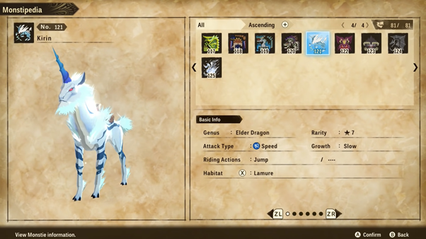 The monsterpedia entry for Kirin in Monster Hunter Stories 2 