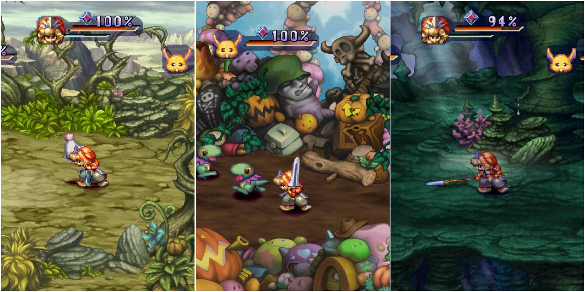 Legend of Mana three different battles with different weapons, knives, sword, spear