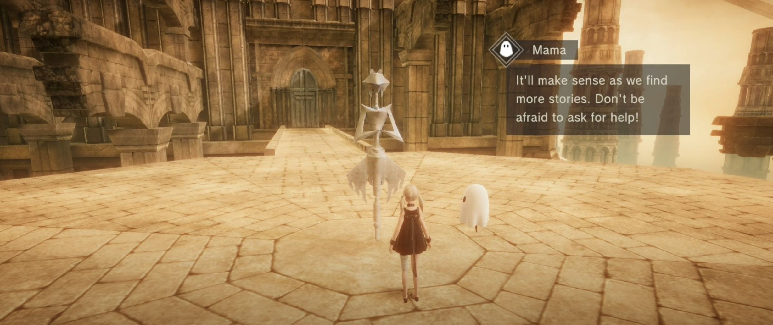 Nier Reincarnation's Mama encouraging the little girl to ask for help
