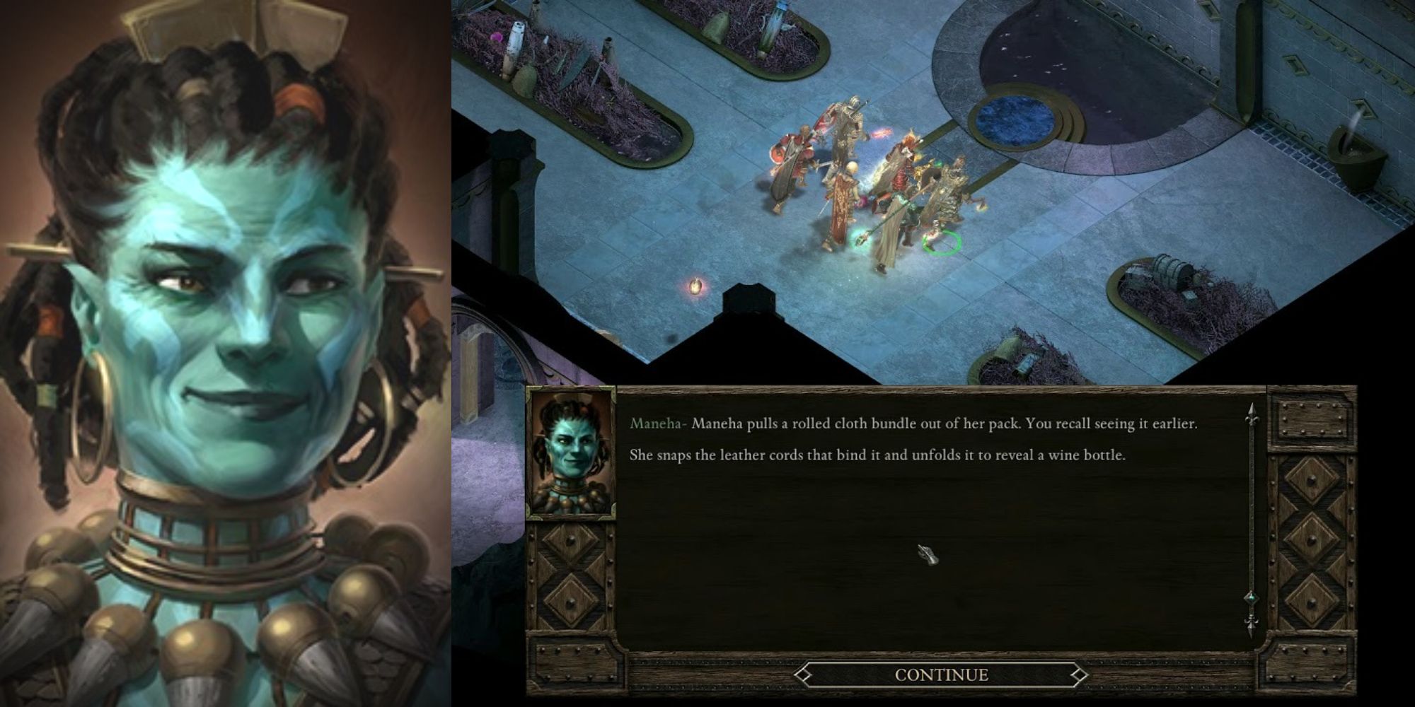 Pillars of Eternity Maneha portrait alongside gameplay showing her address the party.