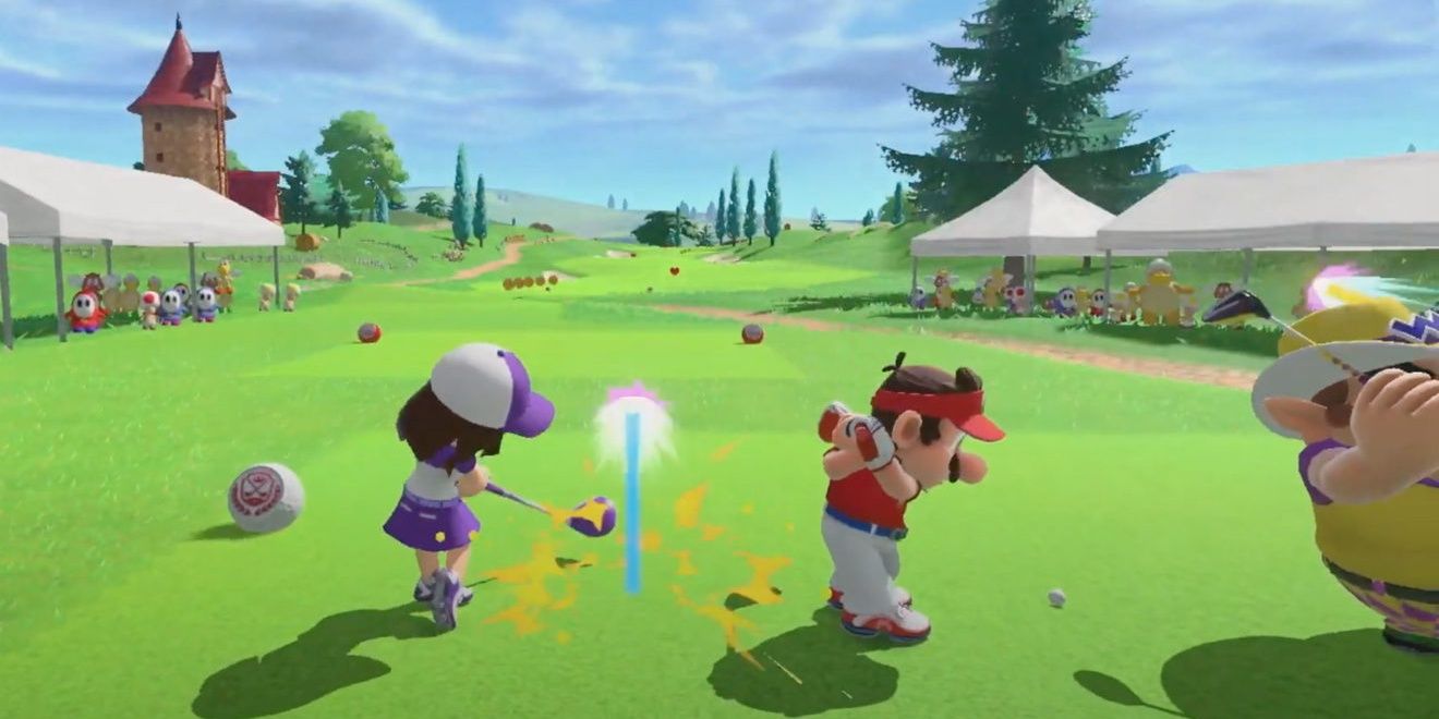Mario Golf: Super Rush Mii competing against Mario and Wario