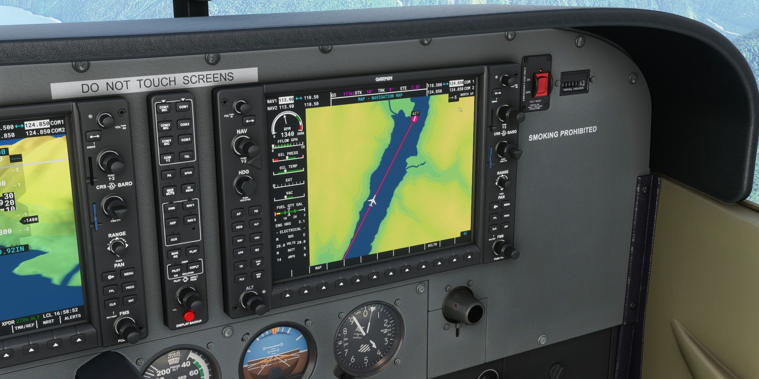 The autopilot controls on a Cessna 172 Skyhawk in Microsoft Flight Simulator