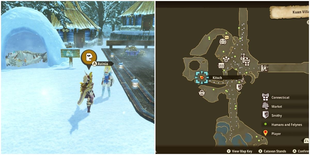 Monster Hunter Stories 2 Wings of Ruin - Split image of Battle Buddy Location for Avinia