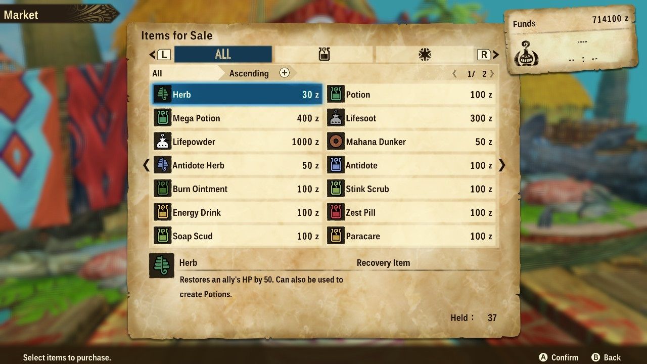 Monster Hunter Stories 2 Wings of Ruin Market NPC menu