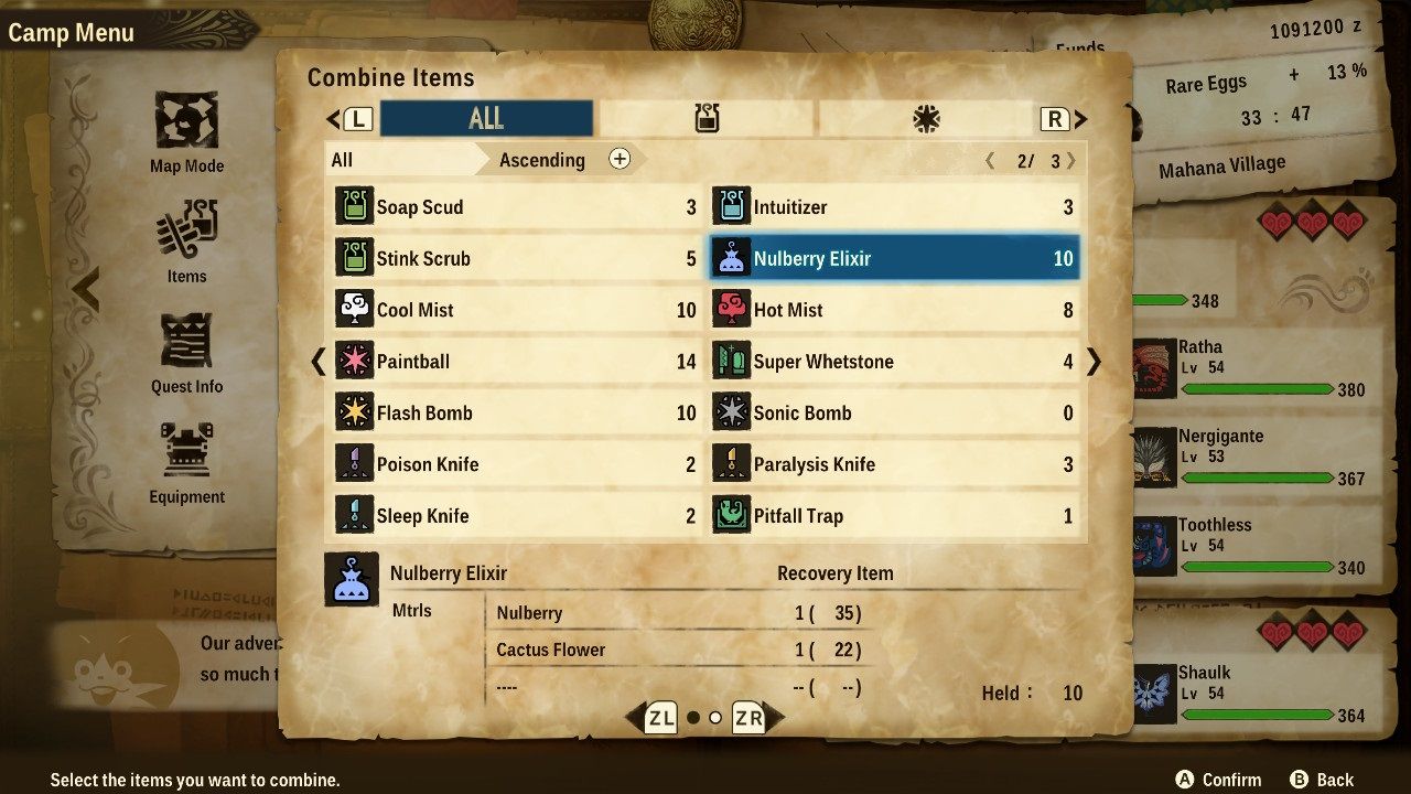 Monster Hunter Stories 2 Wings of Ruin Nulberry Elixir recipe