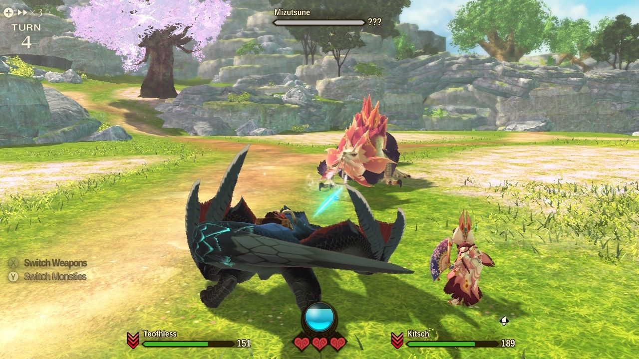 Monster Hunter Stories 2 Wings of Ruin battle scene with a mizutsune