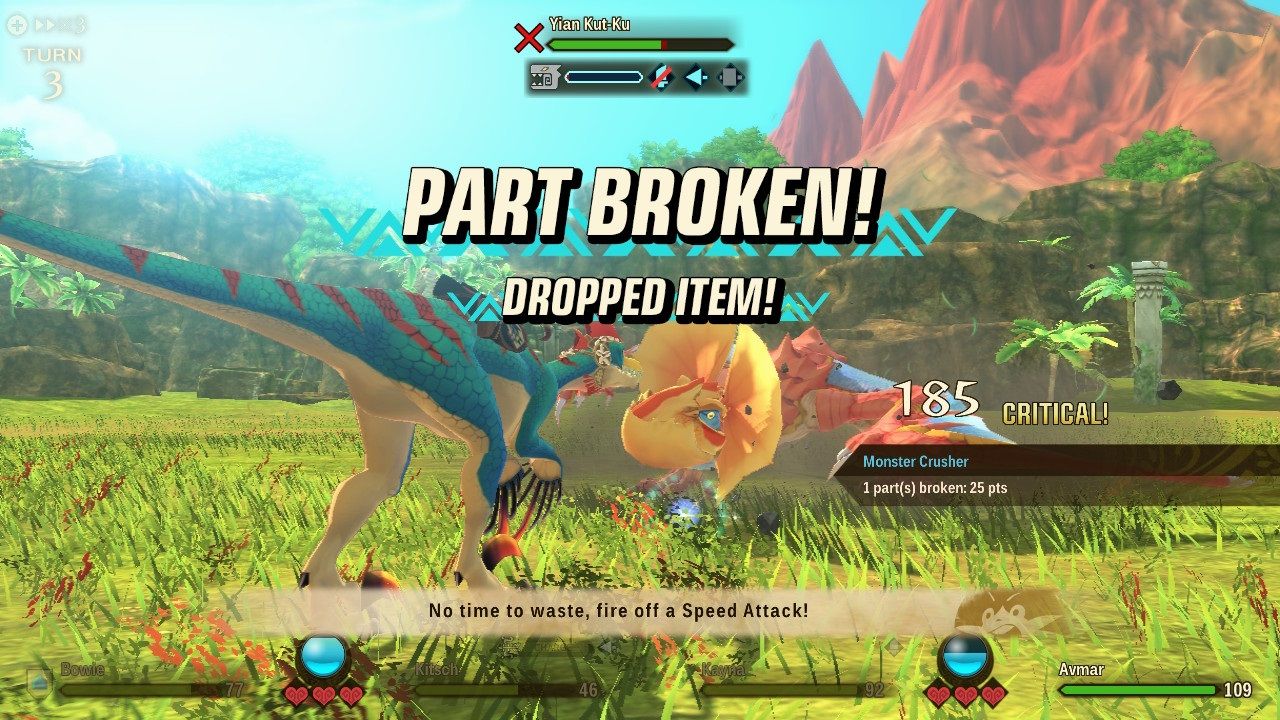 Monster Hunter Stories 2 Wings of Ruin breaking a monster part in battle