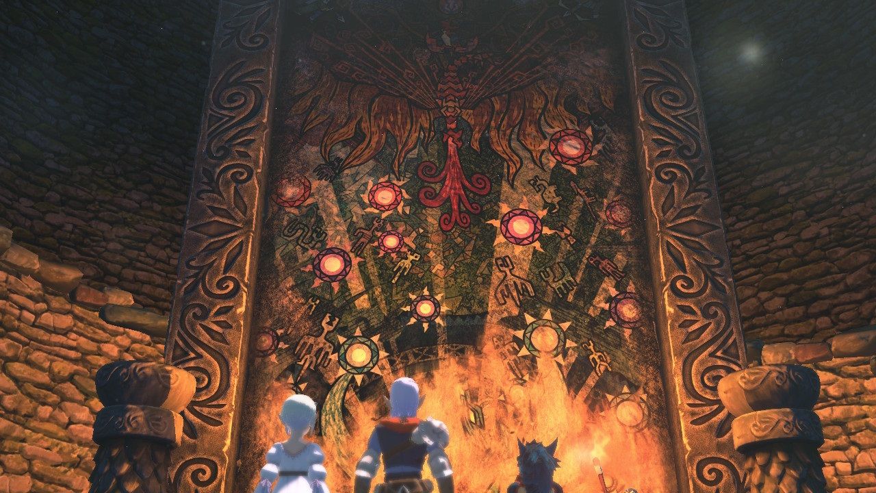 Monster Hunter Stories 2 Wings of Ruin characters viewing the wings of ruin legend mural