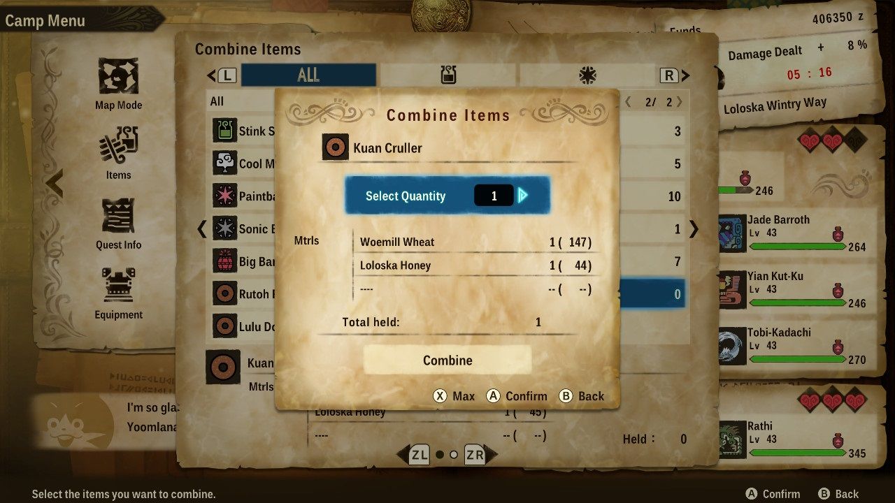 Monster Hunter Stories 2 Wings of Ruin combining items to make donuts