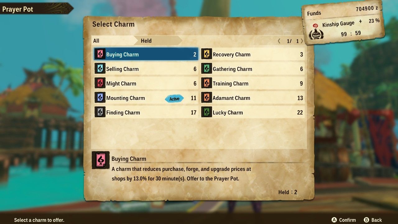 Monster Hunter Stories 2 Wings of Ruin prayer pot charm menu