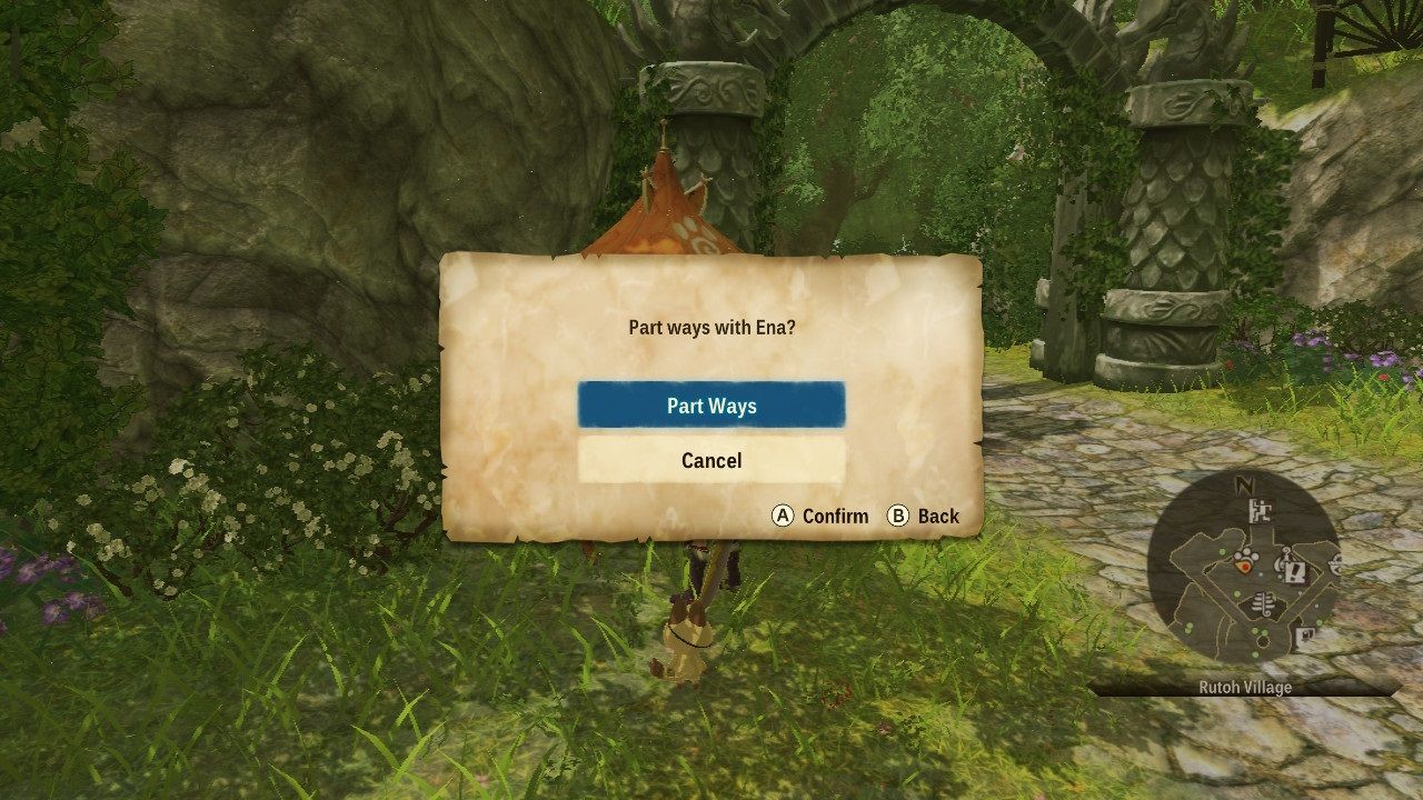 Monster Hunter Stories 2 Wings of Ruin - The pop up for removing Ena from party.