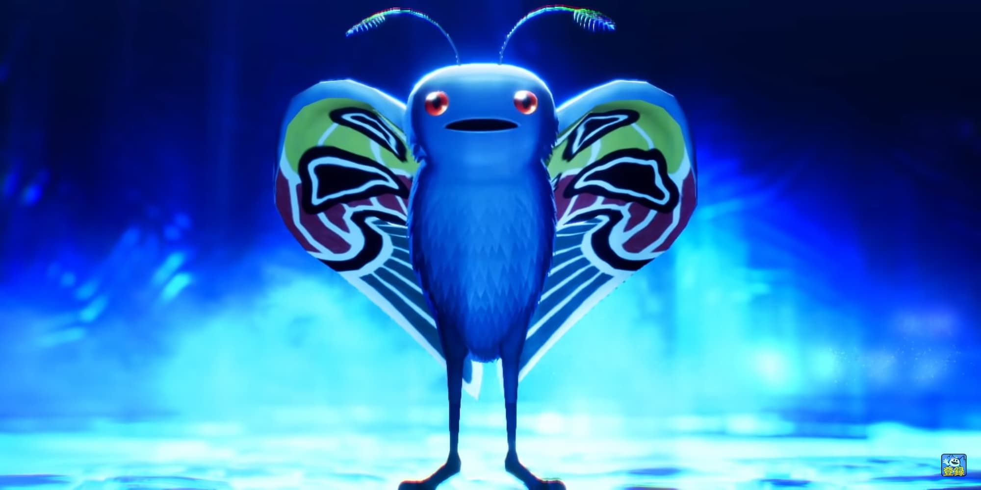 Mothman from Shin Megami Tensei 5 against a blue background giant bipedal moth with large wings and red eyes