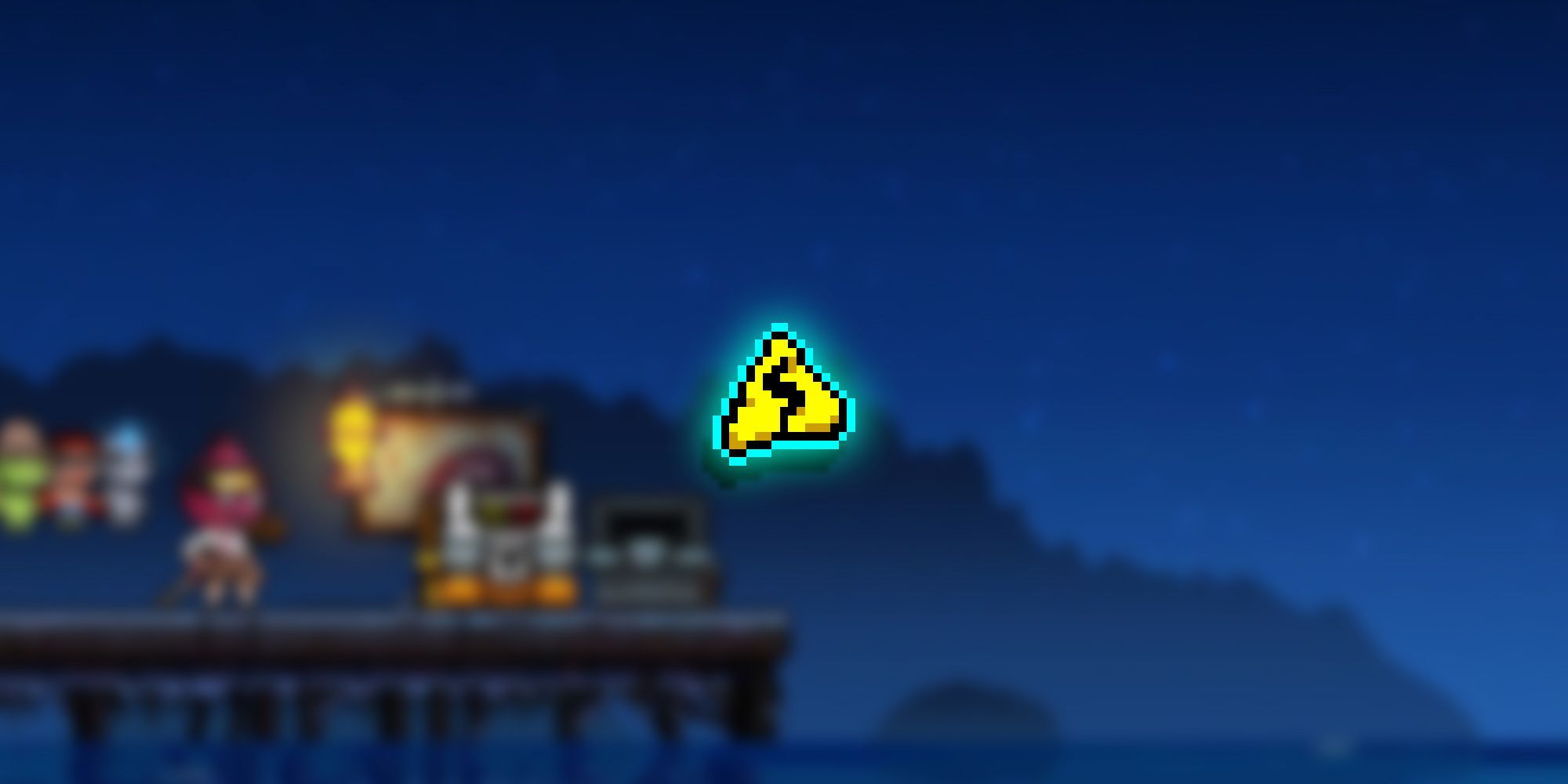 Neon Abyss - Danger Sign Pixel PNG Overlaid On Image Of Player Stumbling Upon A Coin Chest They Can Use This Item To Open