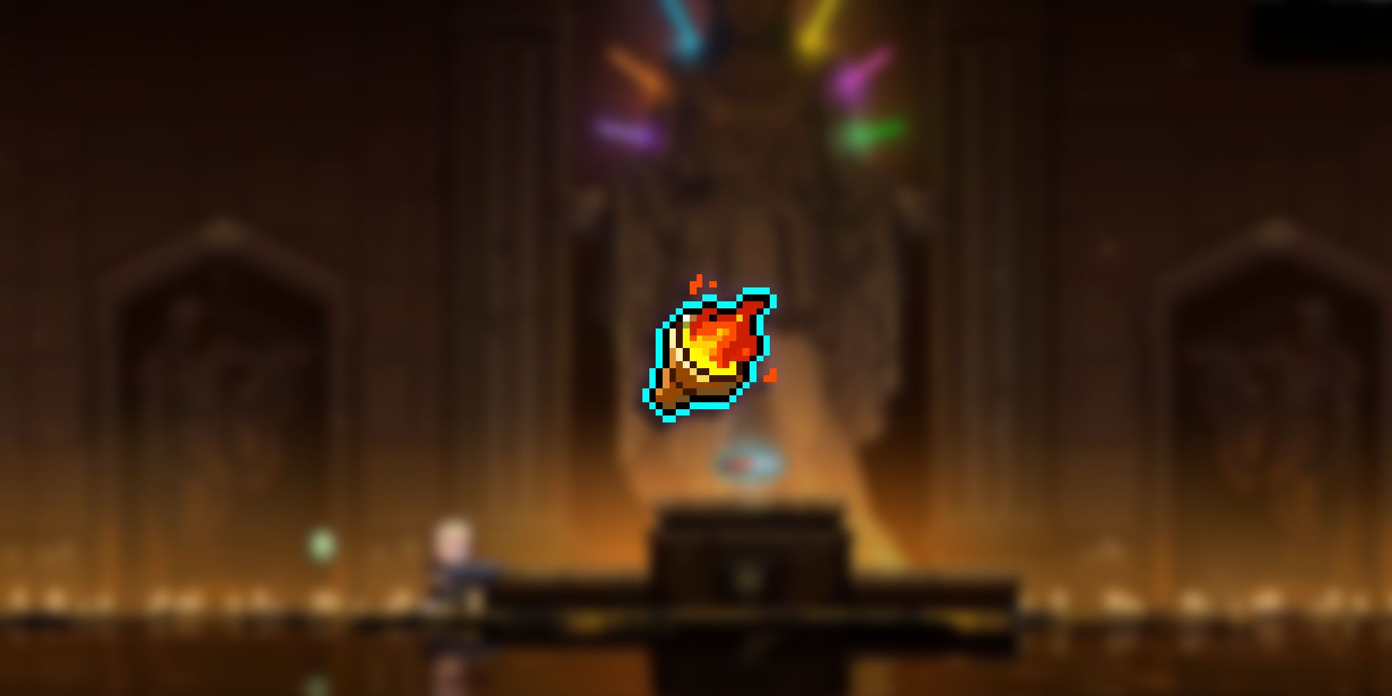 Neon Abyss - Golden Torch Pixel PNG Overlaid On Image Of Player Character In Treasure Room