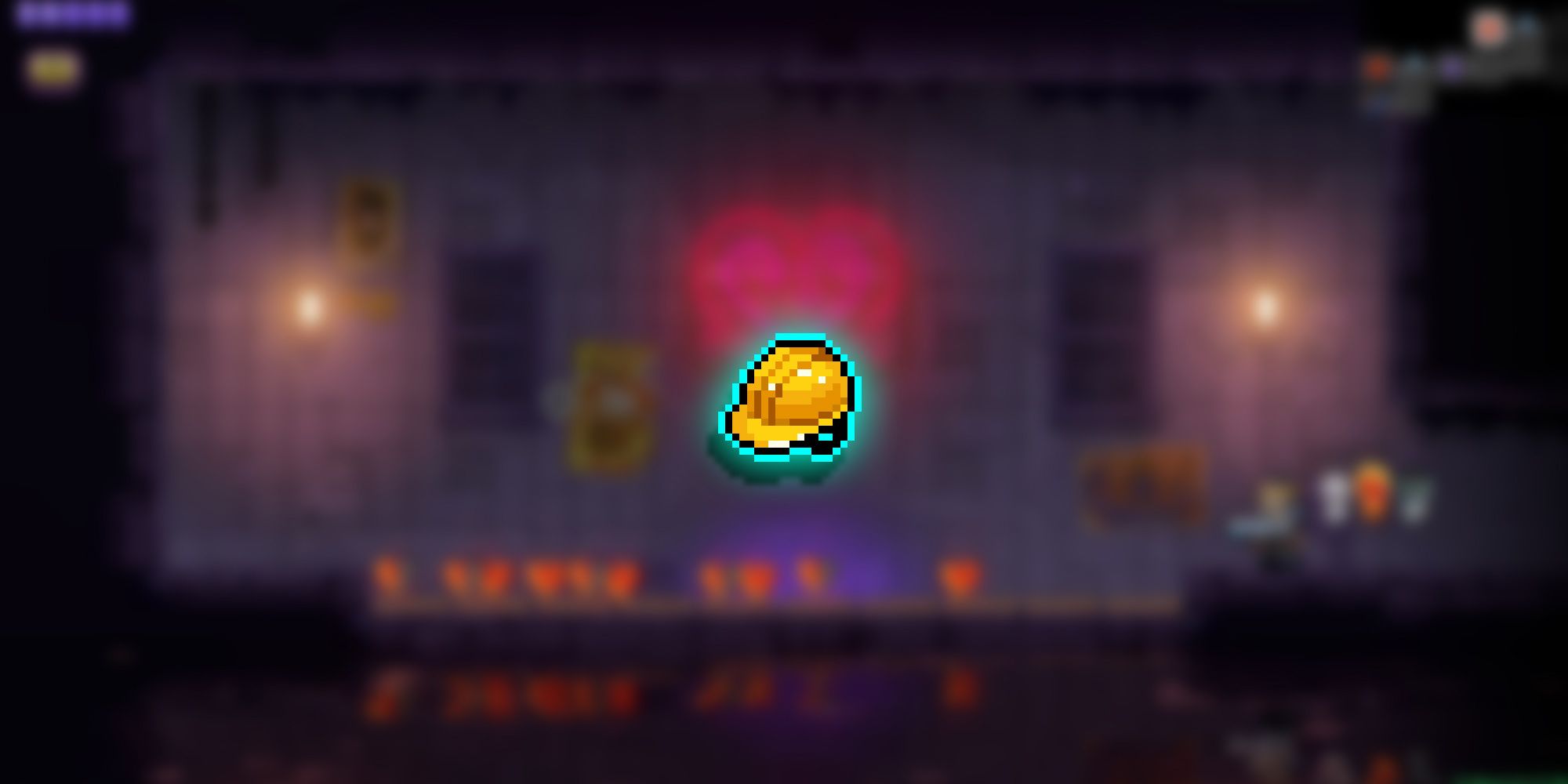 Neon Abyss - Hardhat Pixel PNG Overlaid On Image Of Player Walking Into A Room With Hearts On Spikes