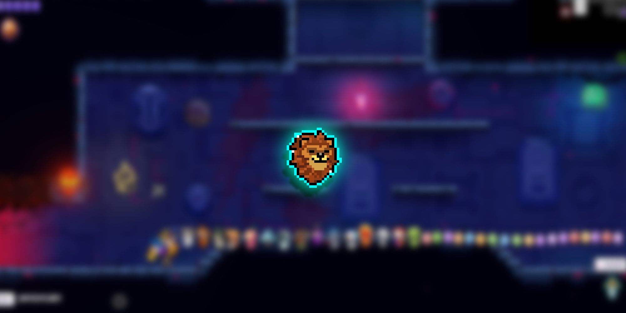 Neon Abyss - Lion Headgear Pixel PNG Overlaid On Image Of Player Towing A Large Line Of Pets
