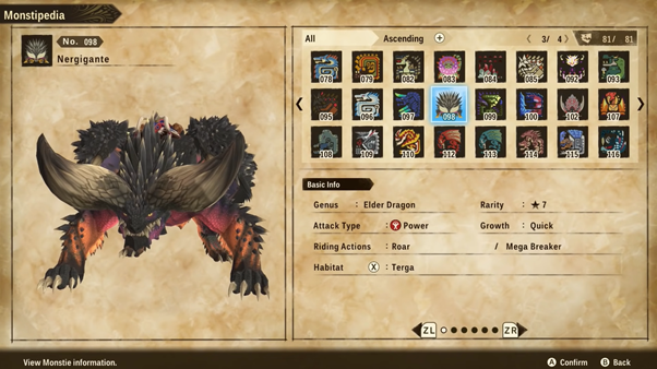 The monsterpedia entry for Nergigante in Monster Hunter Stories 2