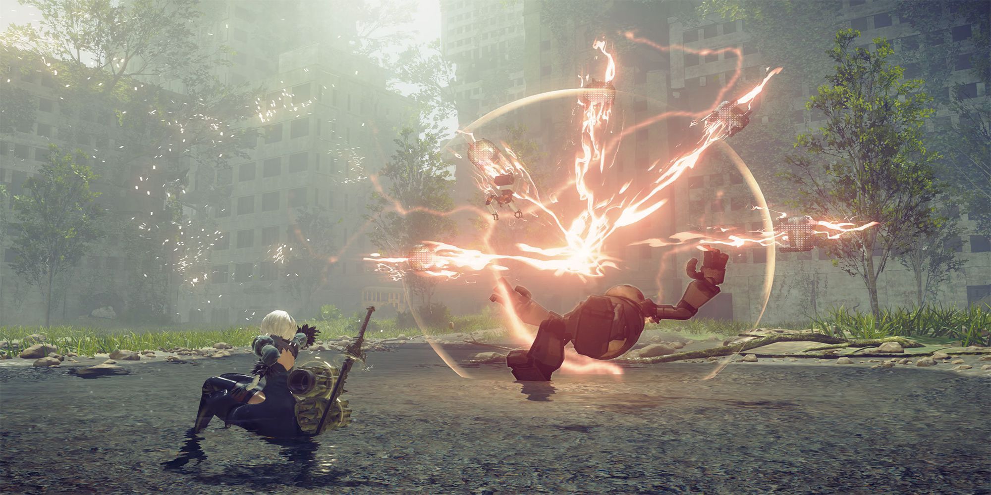 2B destroys a machine lifeform on a desolate Earth in Nier: Automata.