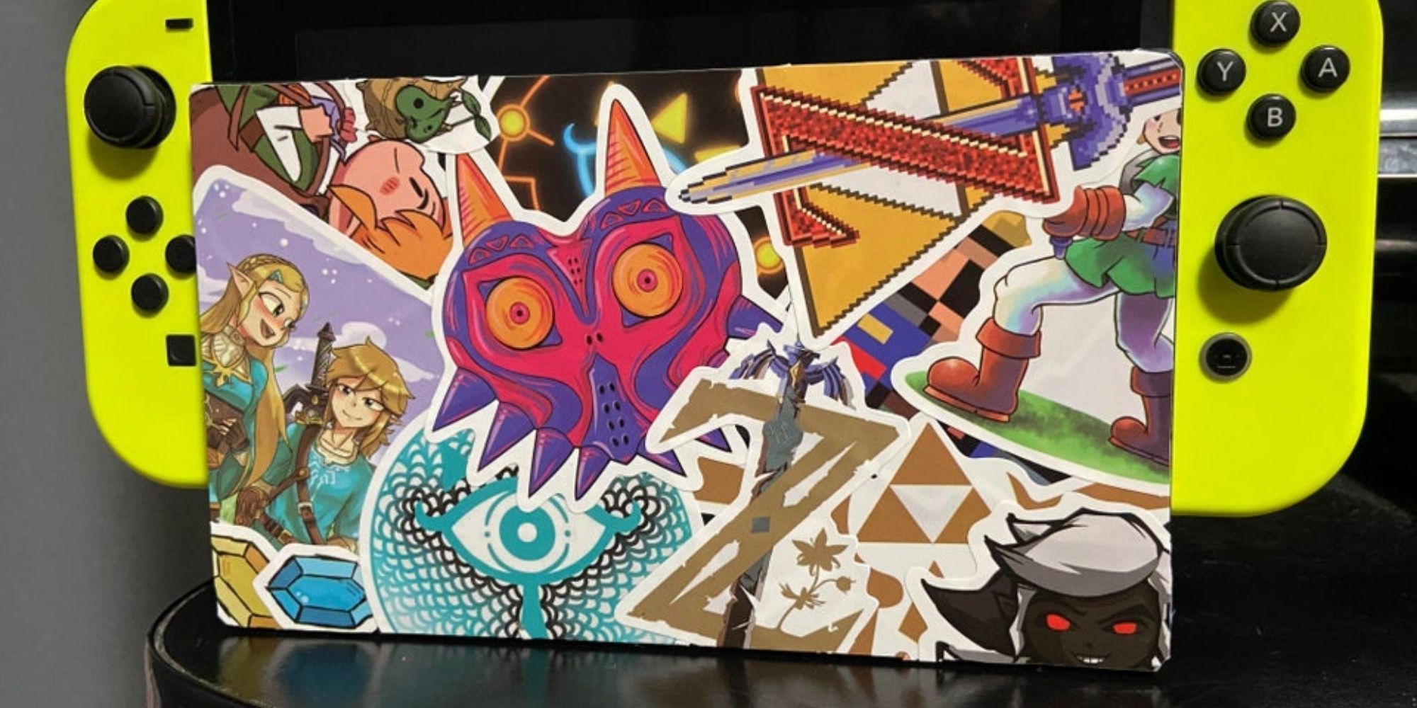 Nintendo Switch covered in Zelda-themed stickers