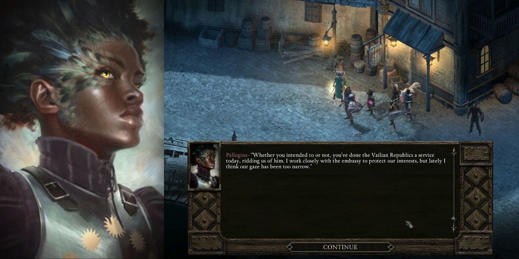 Pillars of Eternity Pallegina portrait alongside gameplay showing her address the party.