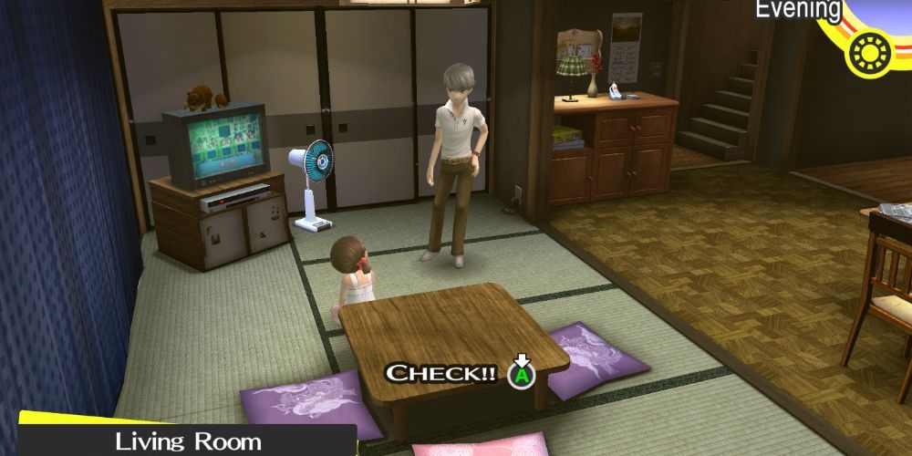 Persona 4 Golden Yu Narukami and Nanako Dojima in Living Room with Xbox Controller Icon from Controller UI Overhaul Mod