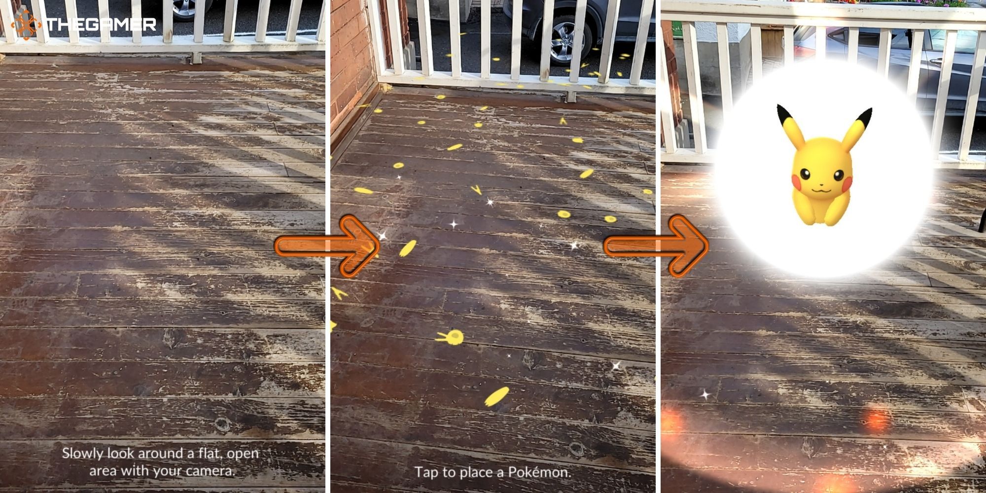 Pokemon Go - Taking A Photo of Pikachu (instructional image) (left looking around flat area) (centre pokemon footprints) (right pikachu emerges from ball)