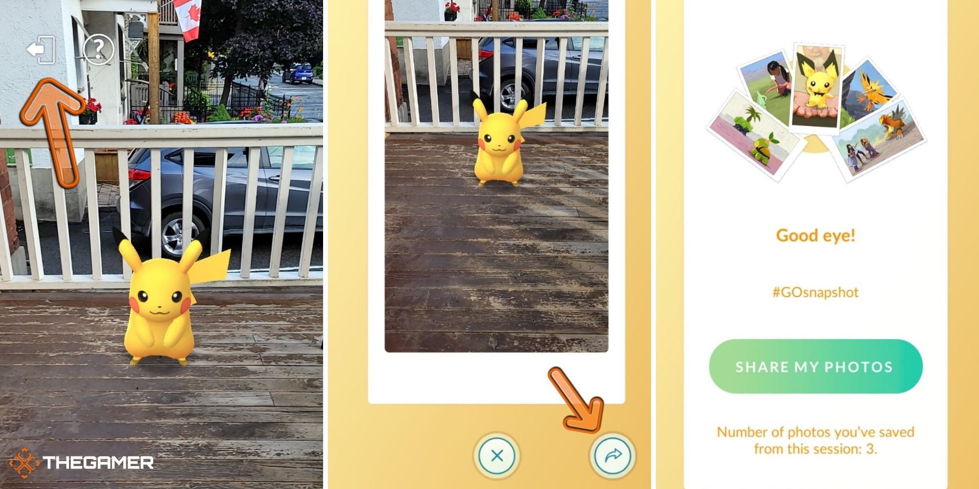 Pokemon Go - Taking A Photo of Pikachu (instructional image) (left pickachu in photo mode) (centre preview of shareable snapshot) (right prompt to share snapshots)